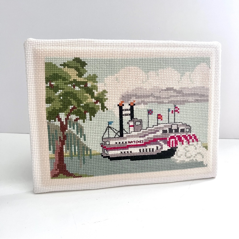 Small Nautical Needlepoint Art of Steamboat Natchez in New Orleans Handmade NOLA